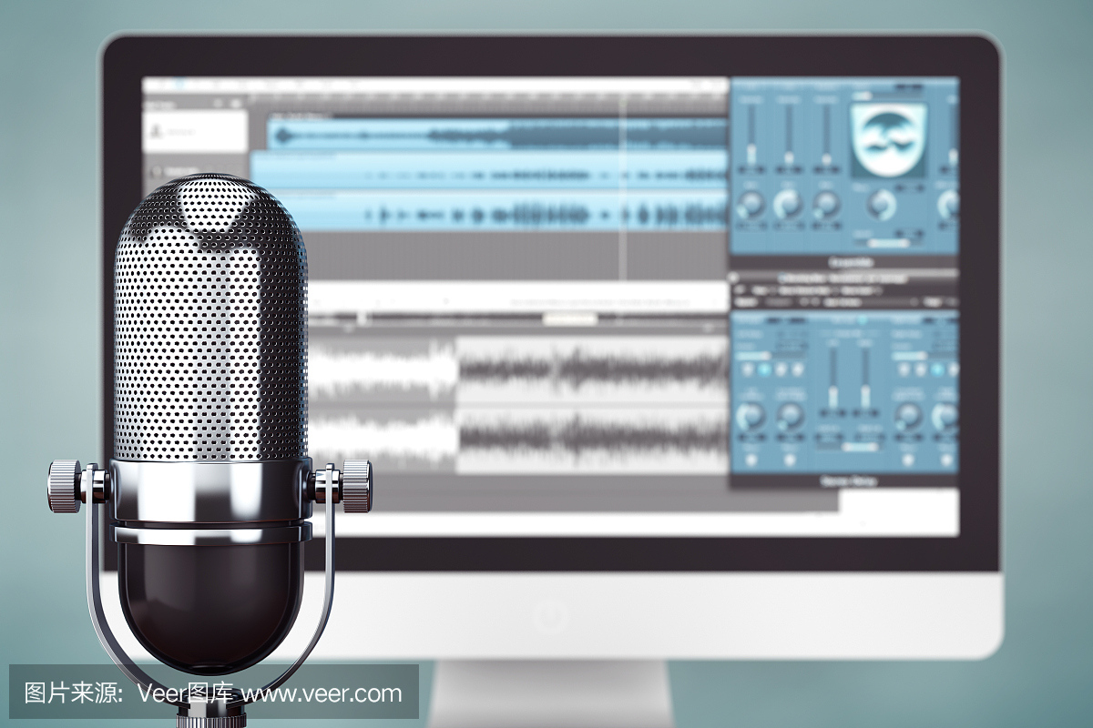 音樂錄音工作室概念。管冷卻器麥克風